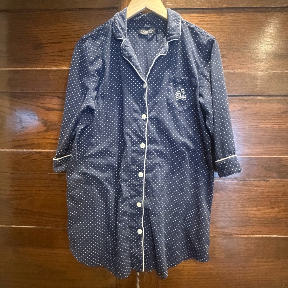 Lauren Ralph L. large Navy Polka Dot Button Down pajama nightgown sleep shirt